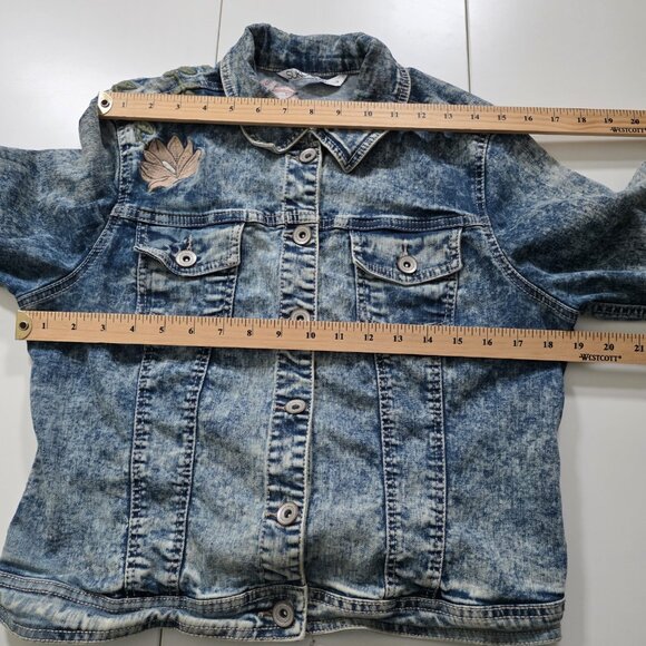 Suko Jeans Denim Jacket Women L Blue Acid Wash Floral Embroidery Stretch Y2K - Picture 4 of 16